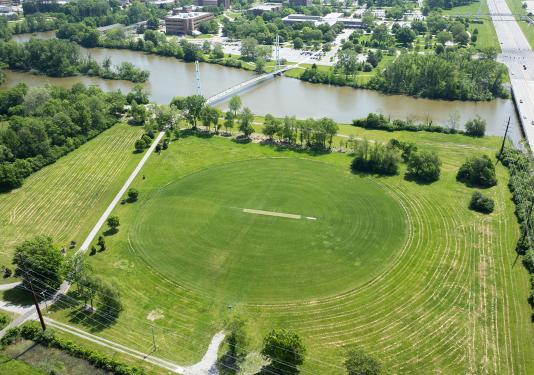 Aerial view of the cricket field at Purdue Fort Wayne