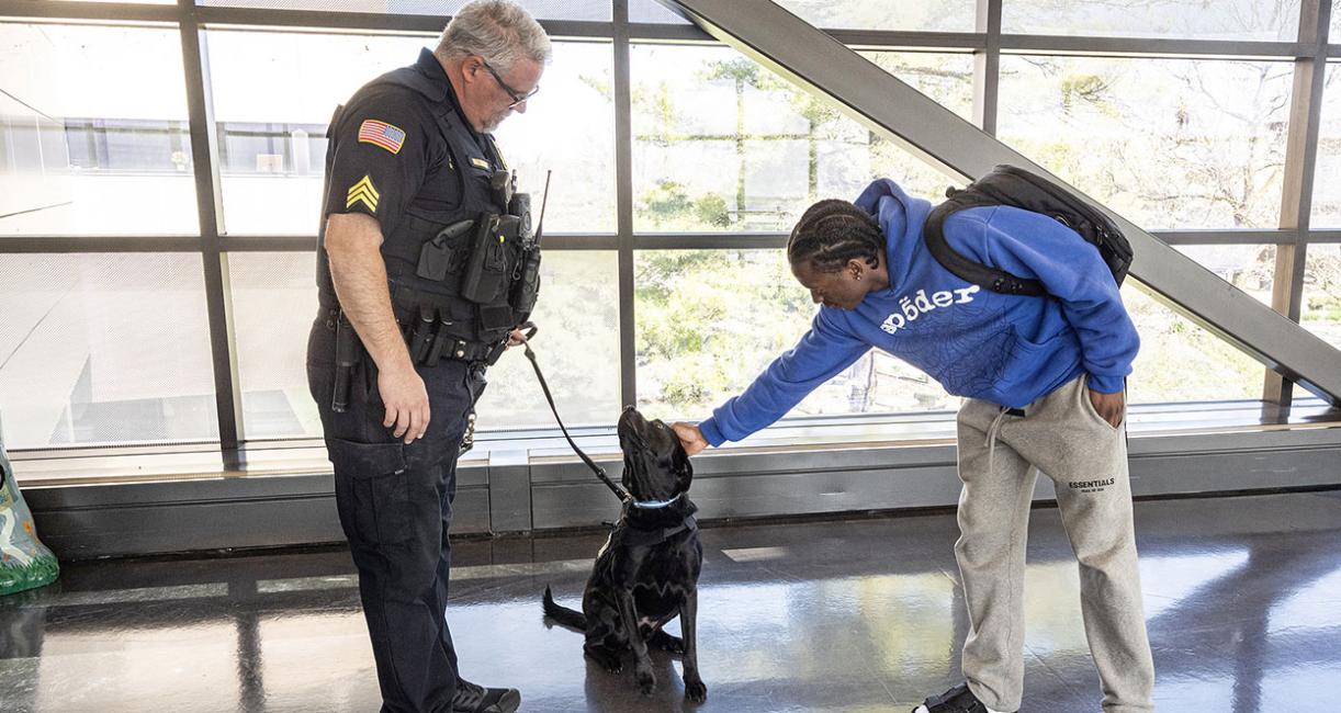 Computer science student Olatunbosun Oluwatimilehin makes friends with Recon, the new campus therapy dog.